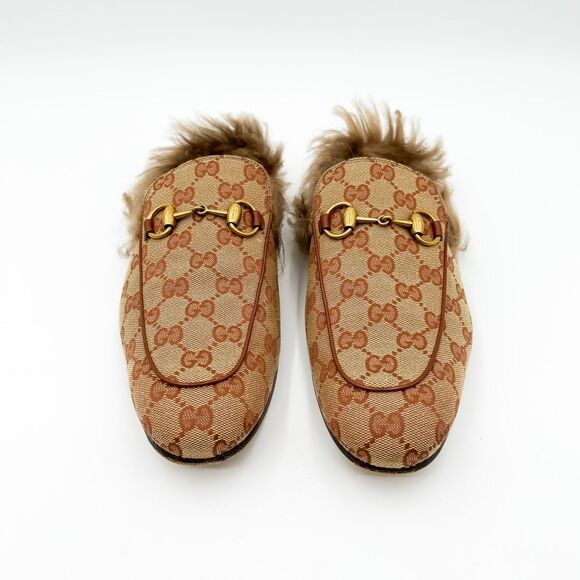 Gucci Princetown Fur Mule Tan GG Canvas Horsebit Flat Loafer - Picture 3 of 11
